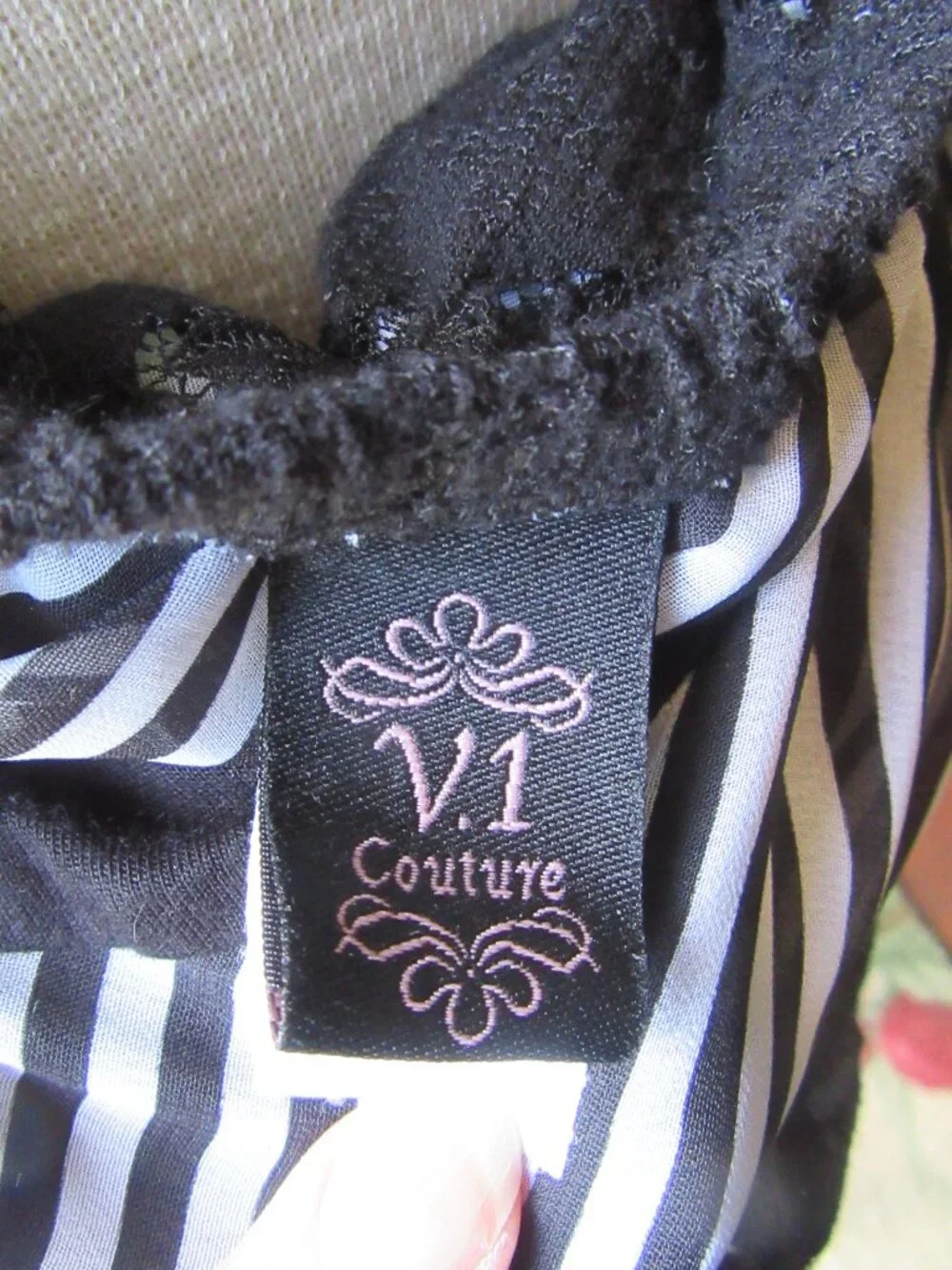 Sheer black halter top w. patterned lace over black/white stripe sz S whimsigoth